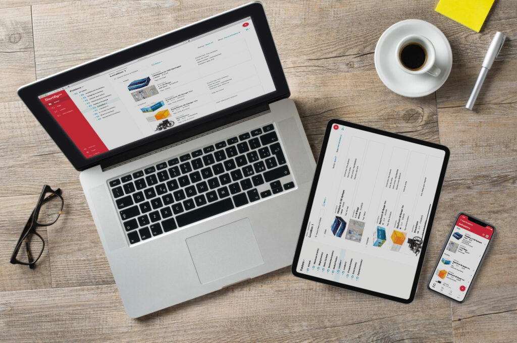 Medical inventory management software is shown on a laptop, tablet and smartphone.
