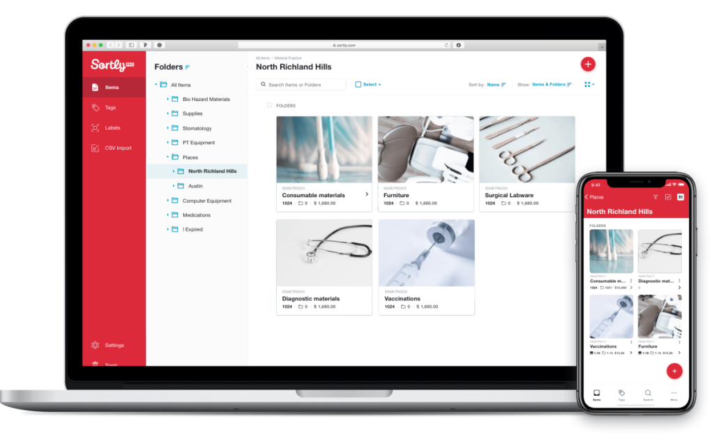 Medical inventory management software is used on both a smartphone and a laptop.