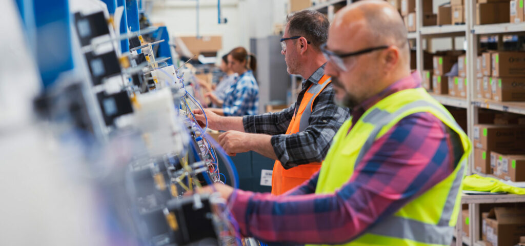 Men in vests managing equipment in a warehouse